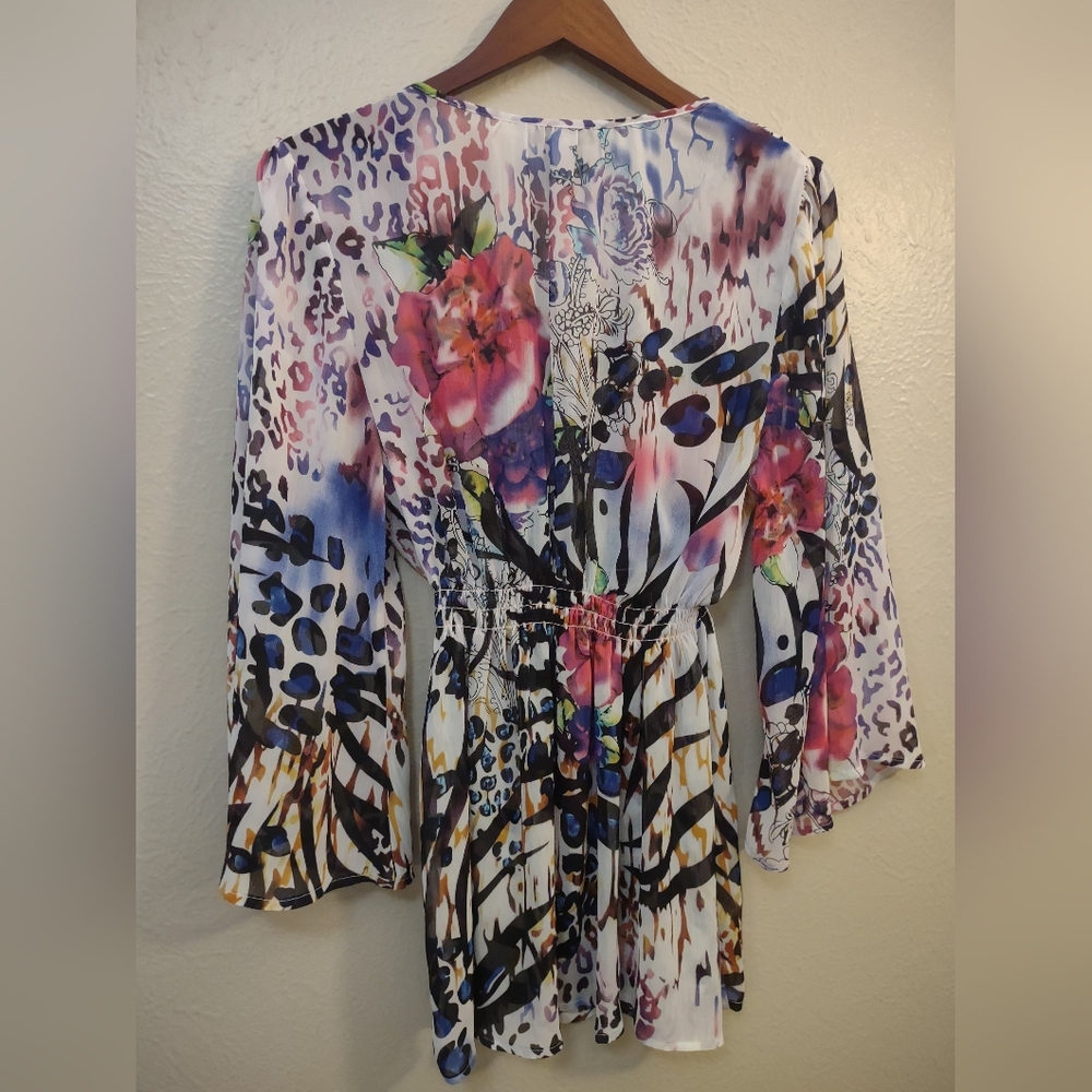 Boston Proper Mixed Print Beaded V-Neck Tunic Top - Size L - Boho Animal Floral - Picture 12 of 14